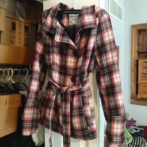 Girls plaid coat size small black, pink, white